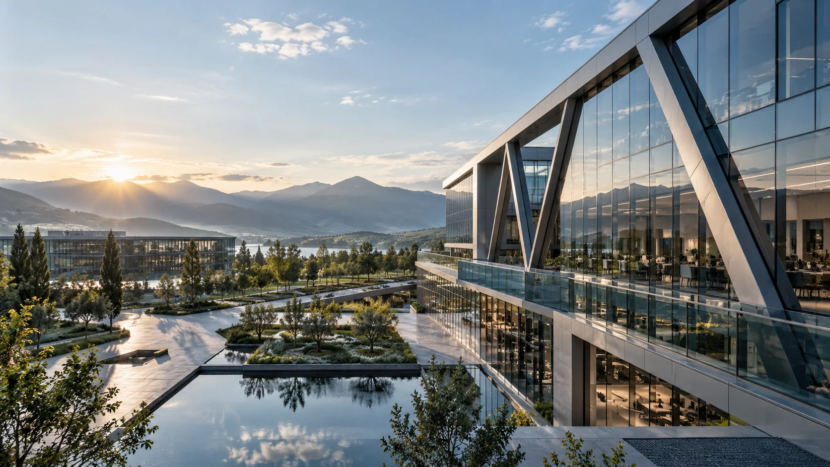 Contemporary glass and steel architecture in a mountain landscape